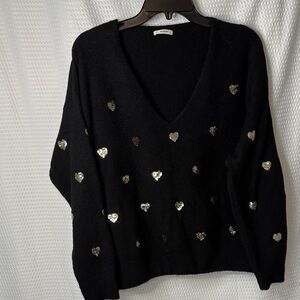 Chic Black V-Neck Sweater with Gold Heart Accents Sz. Xl
